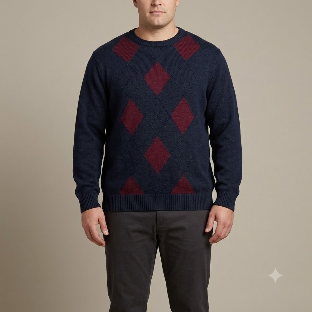 Geoffrey Beene Argyle Sweater Men's XL Navy Red Cotton Knit
